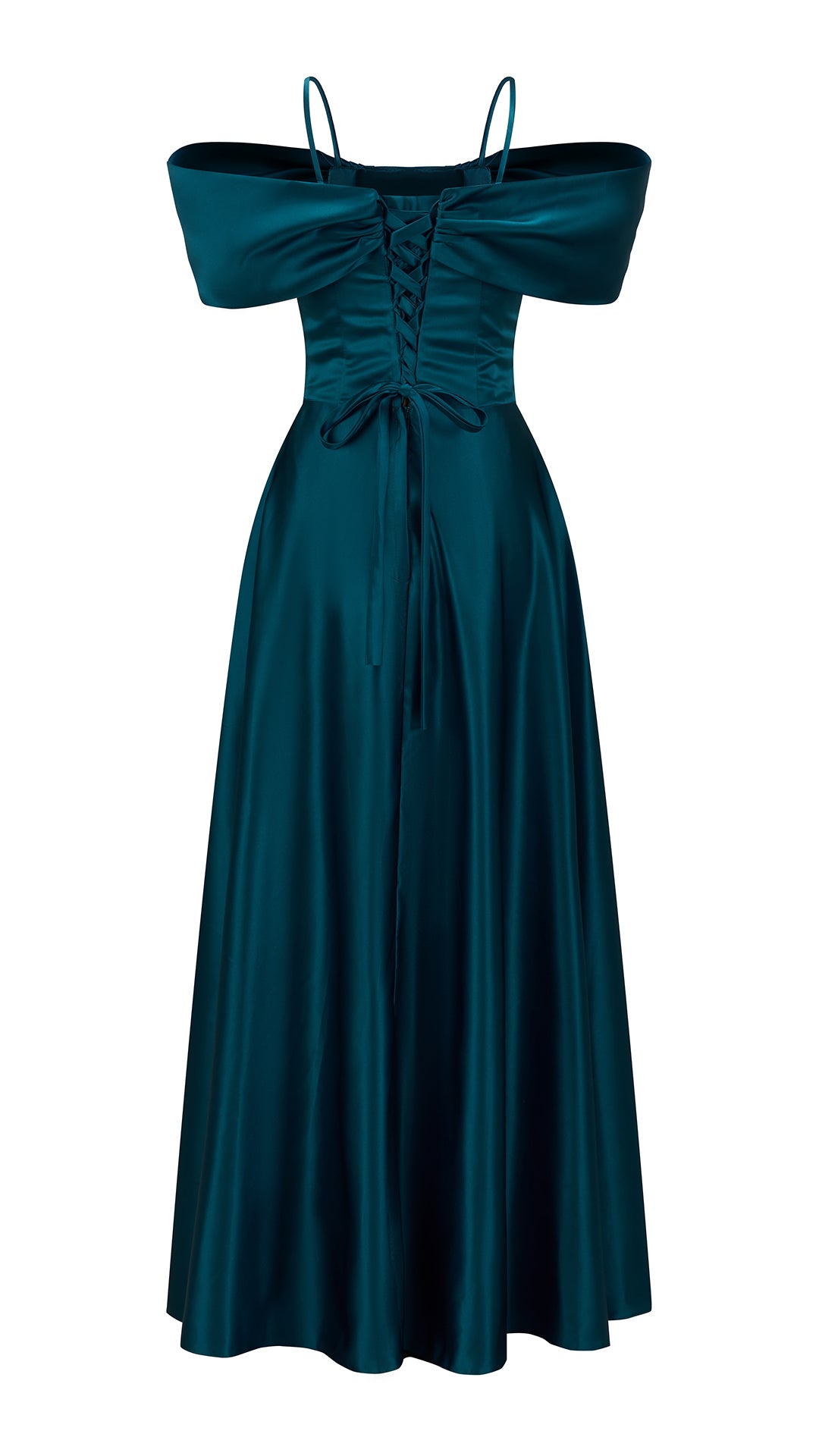 Vestito Lungo Satin Spalline Sottili a Spalla Scoperta, Abito Elegante Donna da Cerimonia con Busto Arricciato e Gonna Ampia（副本）