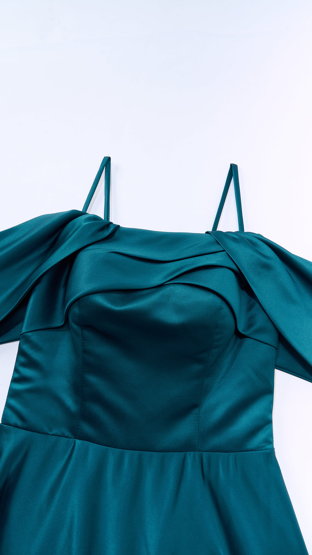 Vestito Lungo Satin Spalline Sottili a Spalla Scoperta, Abito Elegante Donna da Cerimonia con Busto Arricciato e Gonna Ampia（副本）