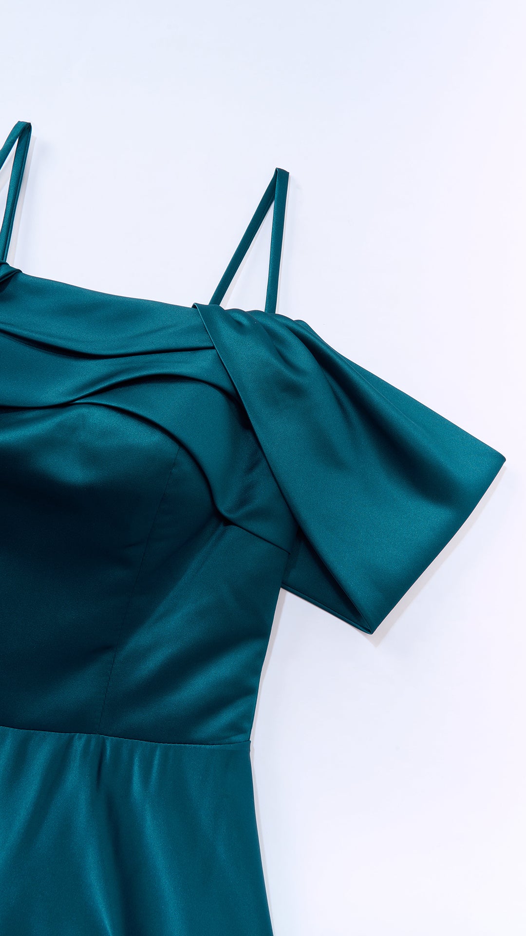 Vestito Lungo Satin Spalline Sottili a Spalla Scoperta, Abito Elegante Donna da Cerimonia con Busto Arricciato e Gonna Ampia（副本）