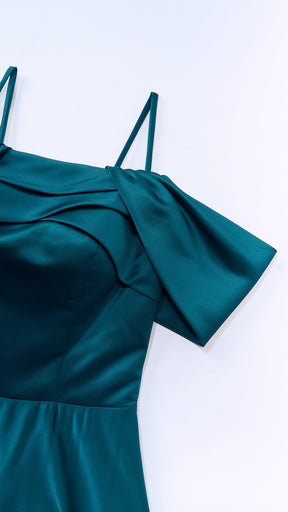 Vestito Lungo Satin Spalline Sottili a Spalla Scoperta, Abito Elegante Donna da Cerimonia con Busto Arricciato e Gonna Ampia