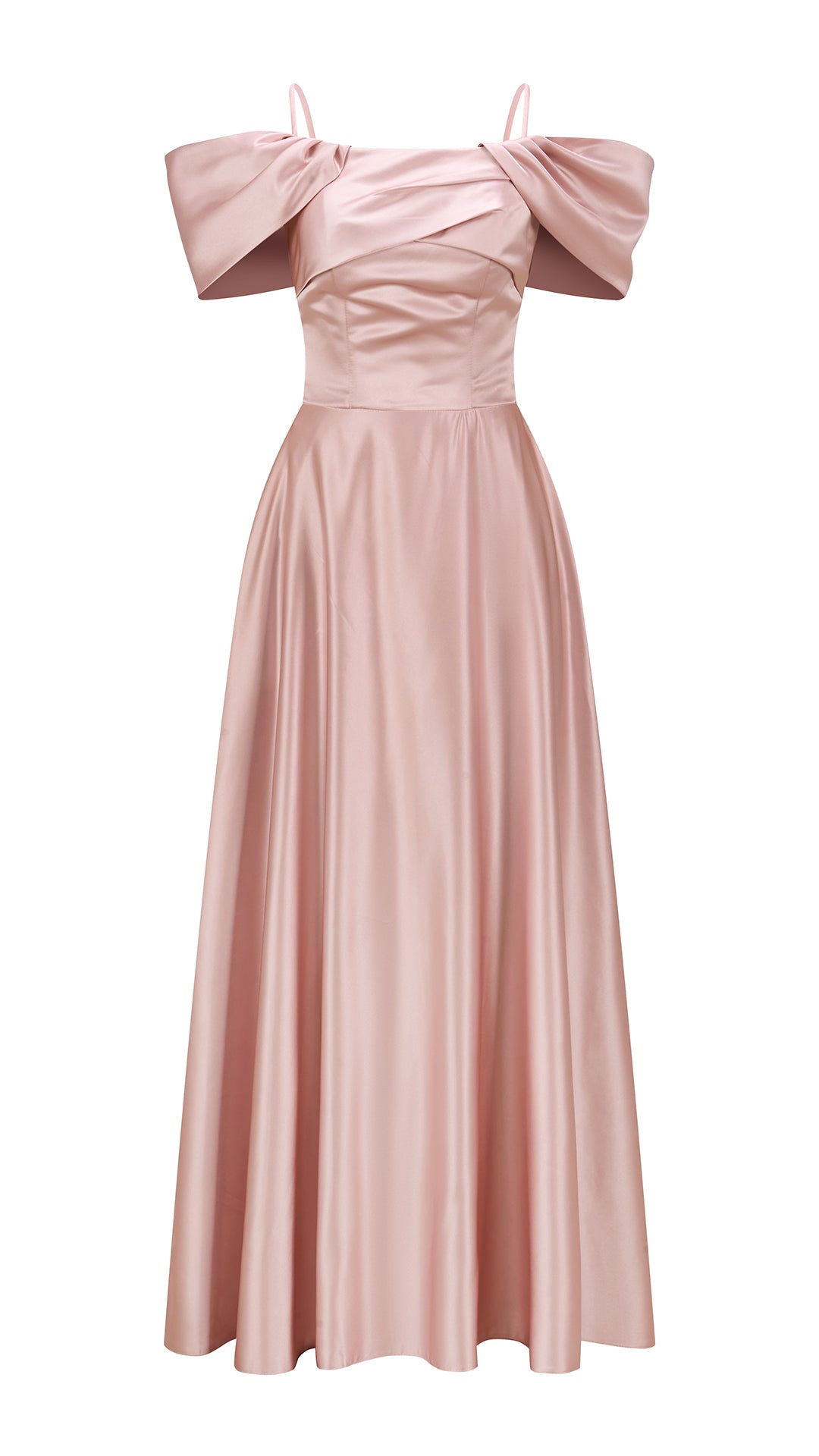 Vestito Lungo Satin Spalline Sottili a Spalla Scoperta, Abito Elegante Donna da Cerimonia con Busto Arricciato e Gonna Ampia