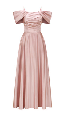 Vestito Lungo Satin Spalline Sottili a Spalla Scoperta, Abito Elegante Donna da Cerimonia con Busto Arricciato e Gonna Ampia