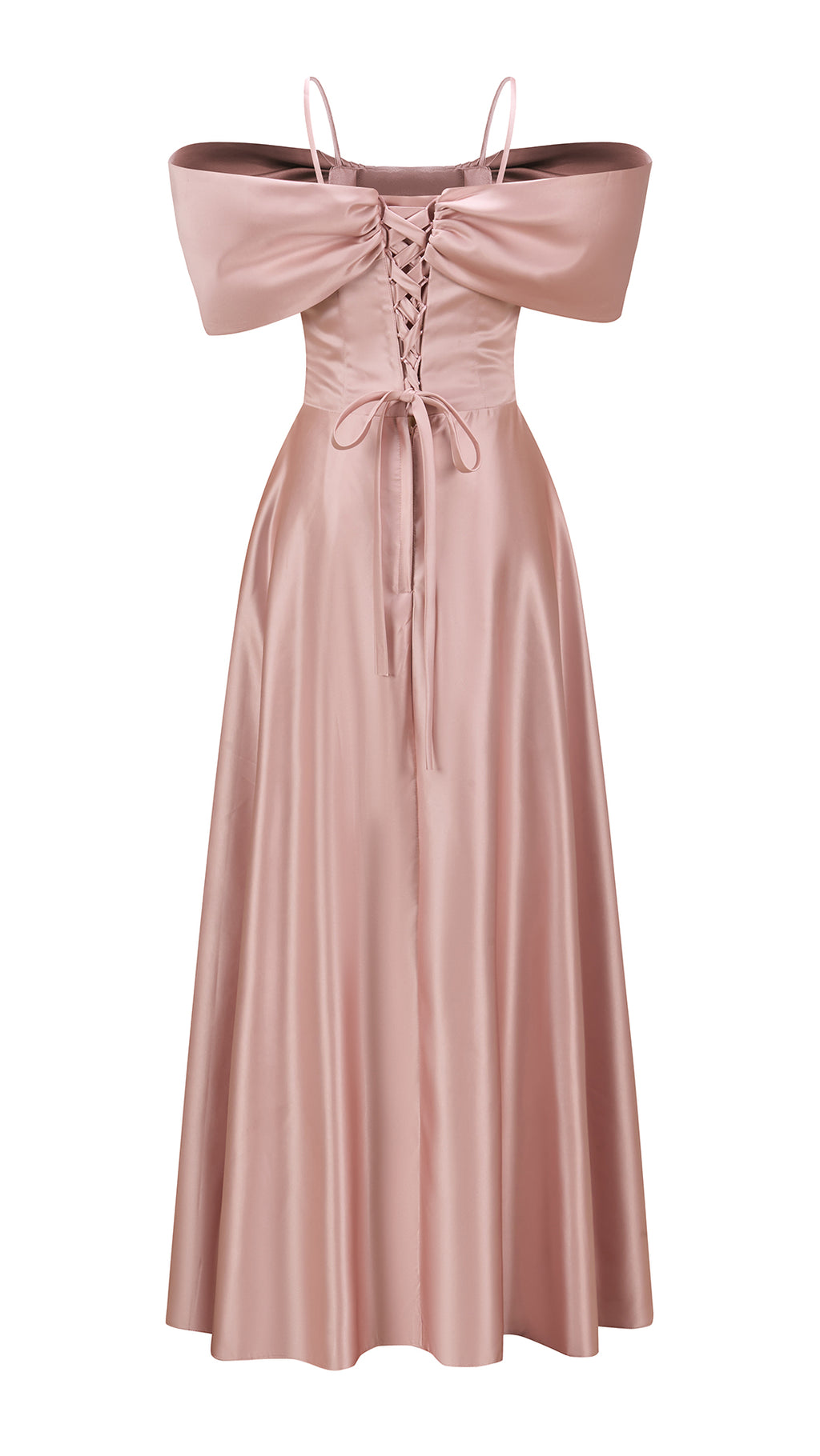 Vestito Lungo Satin Spalline Sottili a Spalla Scoperta, Abito Elegante Donna da Cerimonia con Busto Arricciato e Gonna Ampia（副本）