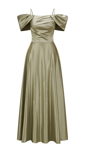 Vestito Lungo Satin Spalline Sottili a Spalla Scoperta, Abito Elegante Donna da Cerimonia con Busto Arricciato e Gonna Ampia