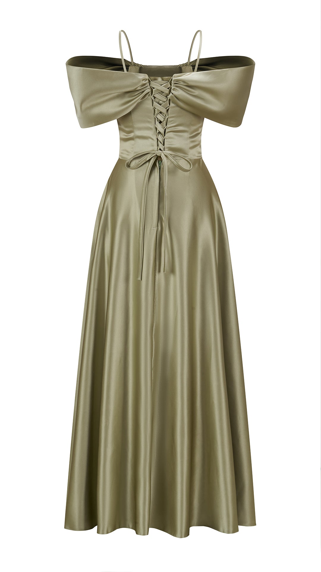 Vestito Lungo Satin Spalline Sottili a Spalla Scoperta, Abito Elegante Donna da Cerimonia con Busto Arricciato e Gonna Ampia（副本）