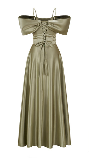 Vestito Lungo Satin Spalline Sottili a Spalla Scoperta, Abito Elegante Donna da Cerimonia con Busto Arricciato e Gonna Ampia