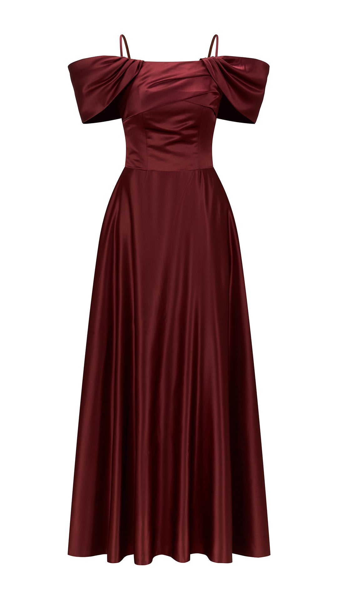 Vestito Lungo Satin Spalline Sottili a Spalla Scoperta, Abito Elegante Donna da Cerimonia con Busto Arricciato e Gonna Ampia