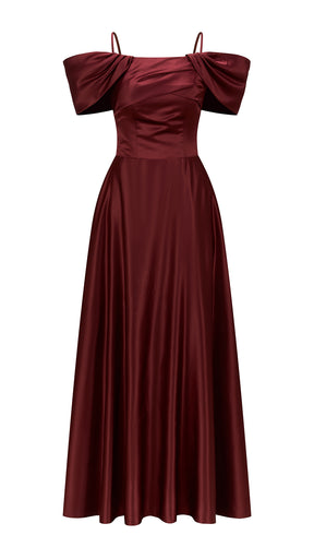 Vestito Lungo Satin Spalline Sottili a Spalla Scoperta, Abito Elegante Donna da Cerimonia con Busto Arricciato e Gonna Ampia