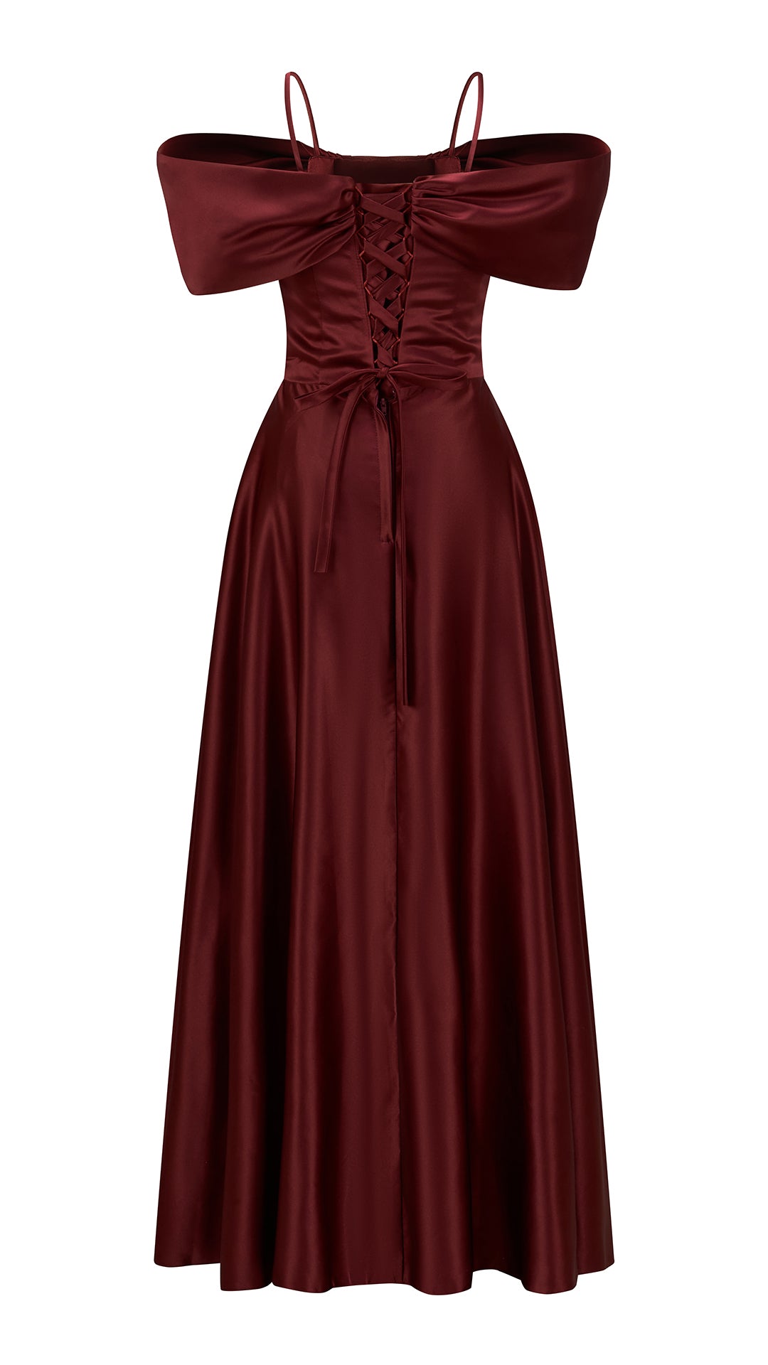 Vestito Lungo Satin Spalline Sottili a Spalla Scoperta, Abito Elegante Donna da Cerimonia con Busto Arricciato e Gonna Ampia