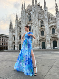 Abito “Silvana” monospalla floreale con spacco laterale