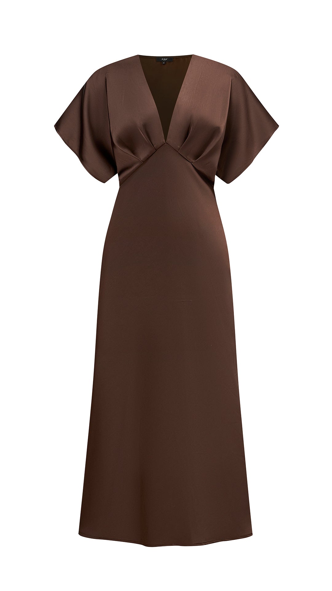 Abito Midi Donna in Raso a Scollo V, Maniche ad Ala, Vita Arricciata, Modello Fluido Elegante per Eventi