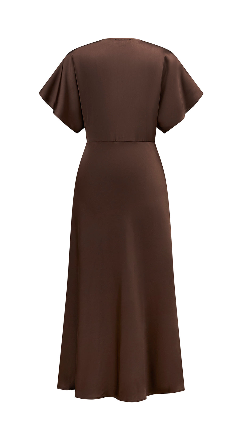 Abito Midi Donna in Raso a Scollo V, Maniche ad Ala, Vita Arricciata, Modello Fluido Elegante per Eventi