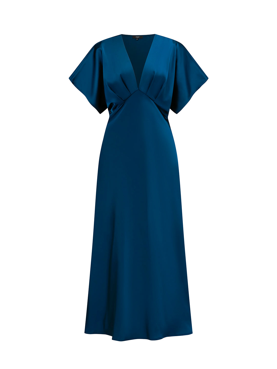 Abito Midi Donna in Raso a Scollo V, Maniche ad Ala, Vita Arricciata, Modello Fluido Elegante per Eventi