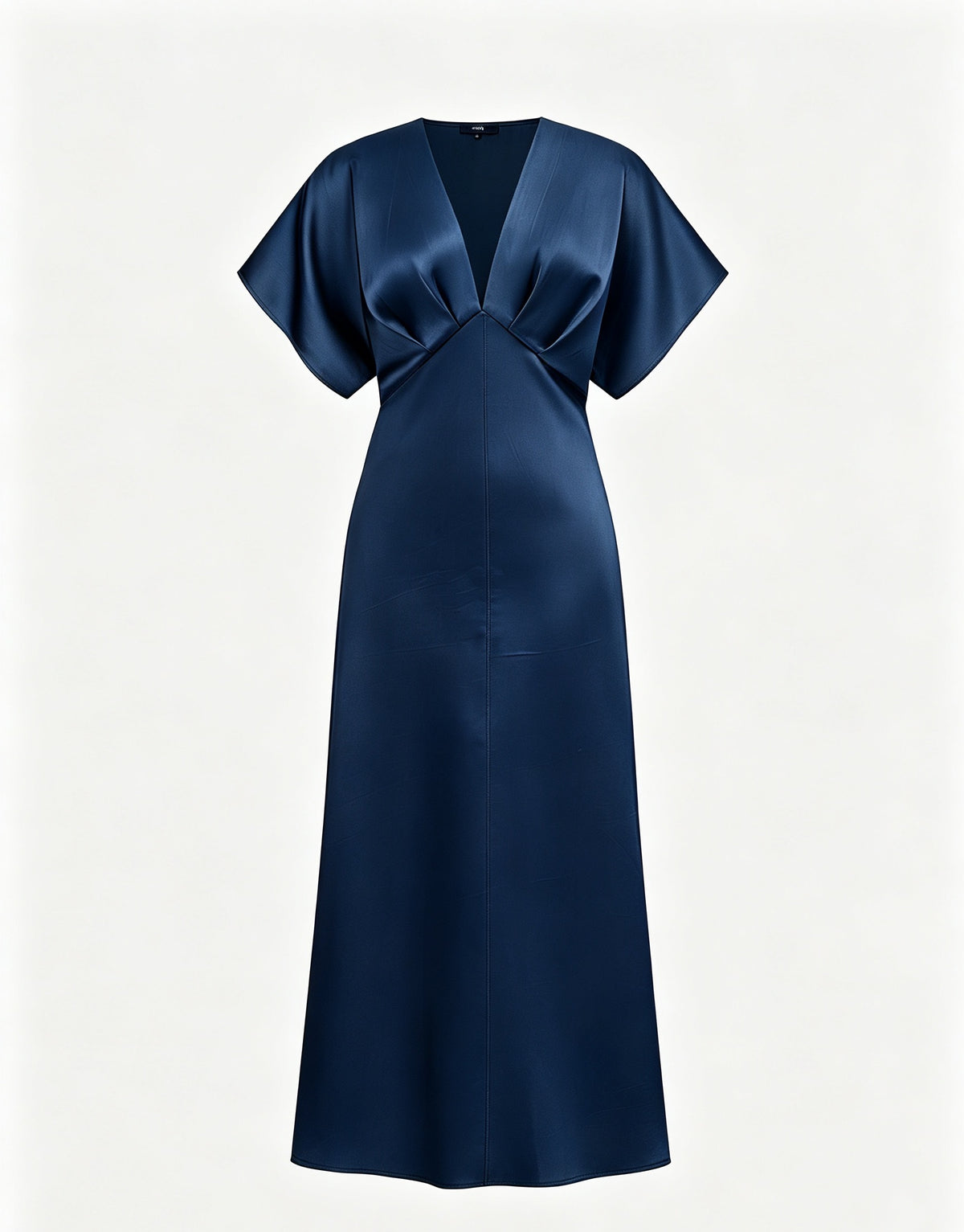 Abito Midi Donna in Raso a Scollo V, Maniche ad Ala, Vita Arricciata, Modello Fluido Elegante per Eventi