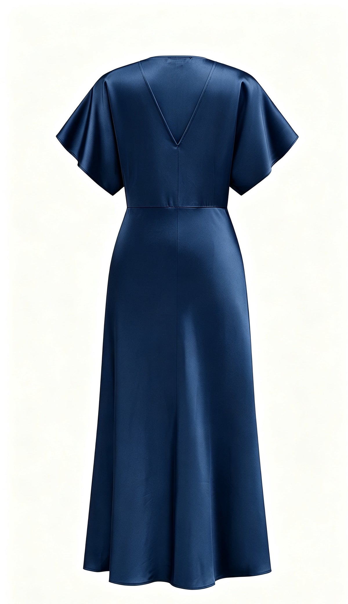 Abito Midi Donna in Raso a Scollo V, Maniche ad Ala, Vita Arricciata, Modello Fluido Elegante per Eventi