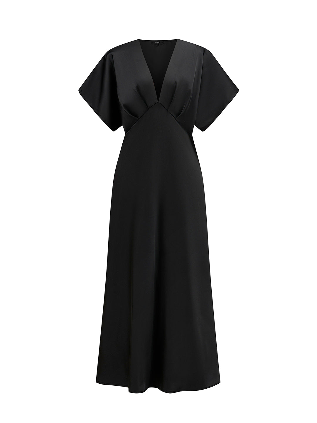 Abito Midi Donna in Raso a Scollo V, Maniche ad Ala, Vita Arricciata, Modello Fluido Elegante per Eventi