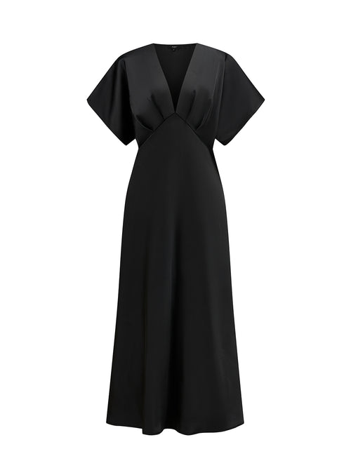 Abito Midi Donna in Raso a Scollo V, Maniche ad Ala, Vita Arricciata, Modello Fluido Elegante per Eventi