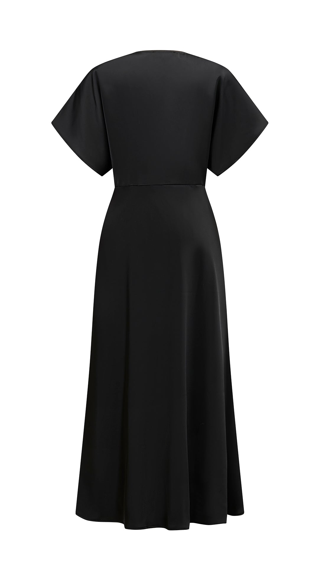 Abito Midi Donna in Raso a Scollo V, Maniche ad Ala, Vita Arricciata, Modello Fluido Elegante per Eventi