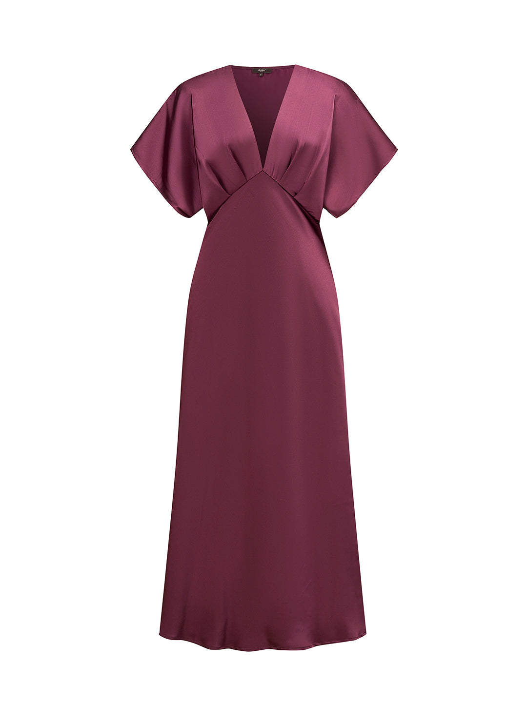 Abito Midi Donna in Raso a Scollo V, Maniche ad Ala, Vita Arricciata, Modello Fluido Elegante per Eventi