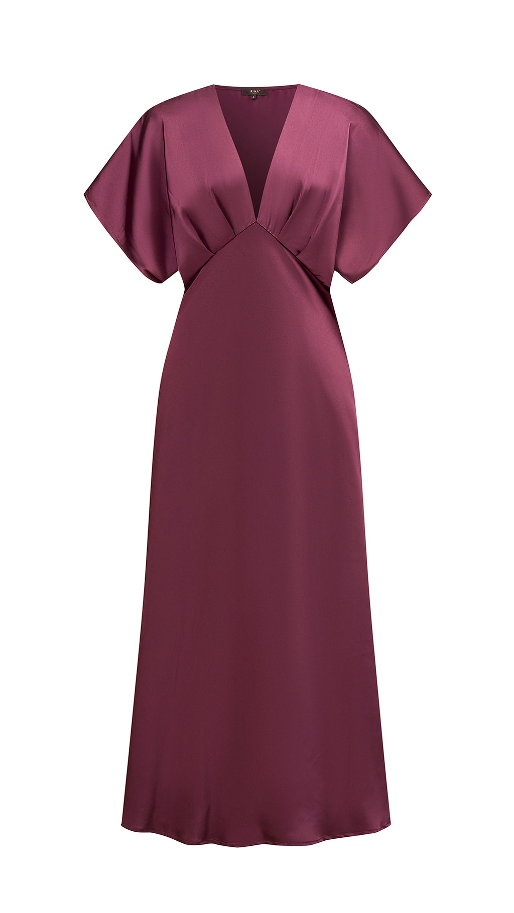 Abito Midi Donna in Raso a Scollo V, Maniche ad Ala, Vita Arricciata, Modello Fluido Elegante per Eventi