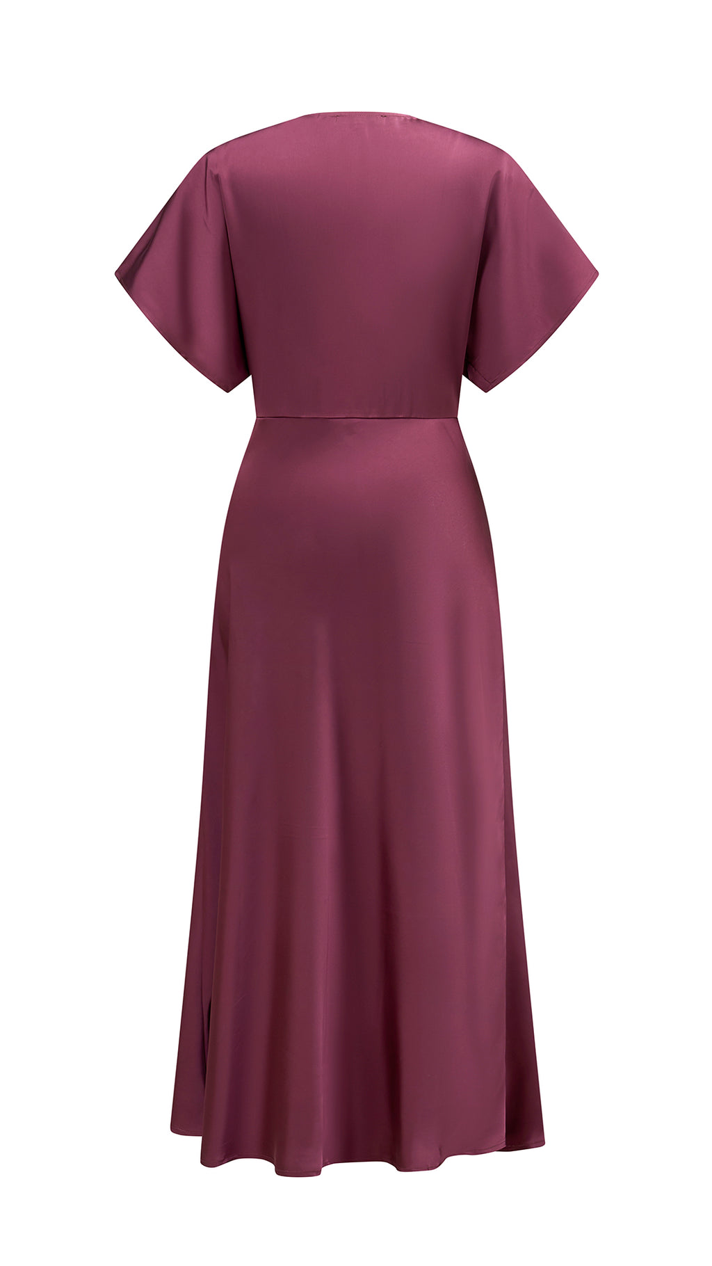Abito Midi Donna in Raso a Scollo V, Maniche ad Ala, Vita Arricciata, Modello Fluido Elegante per Eventi