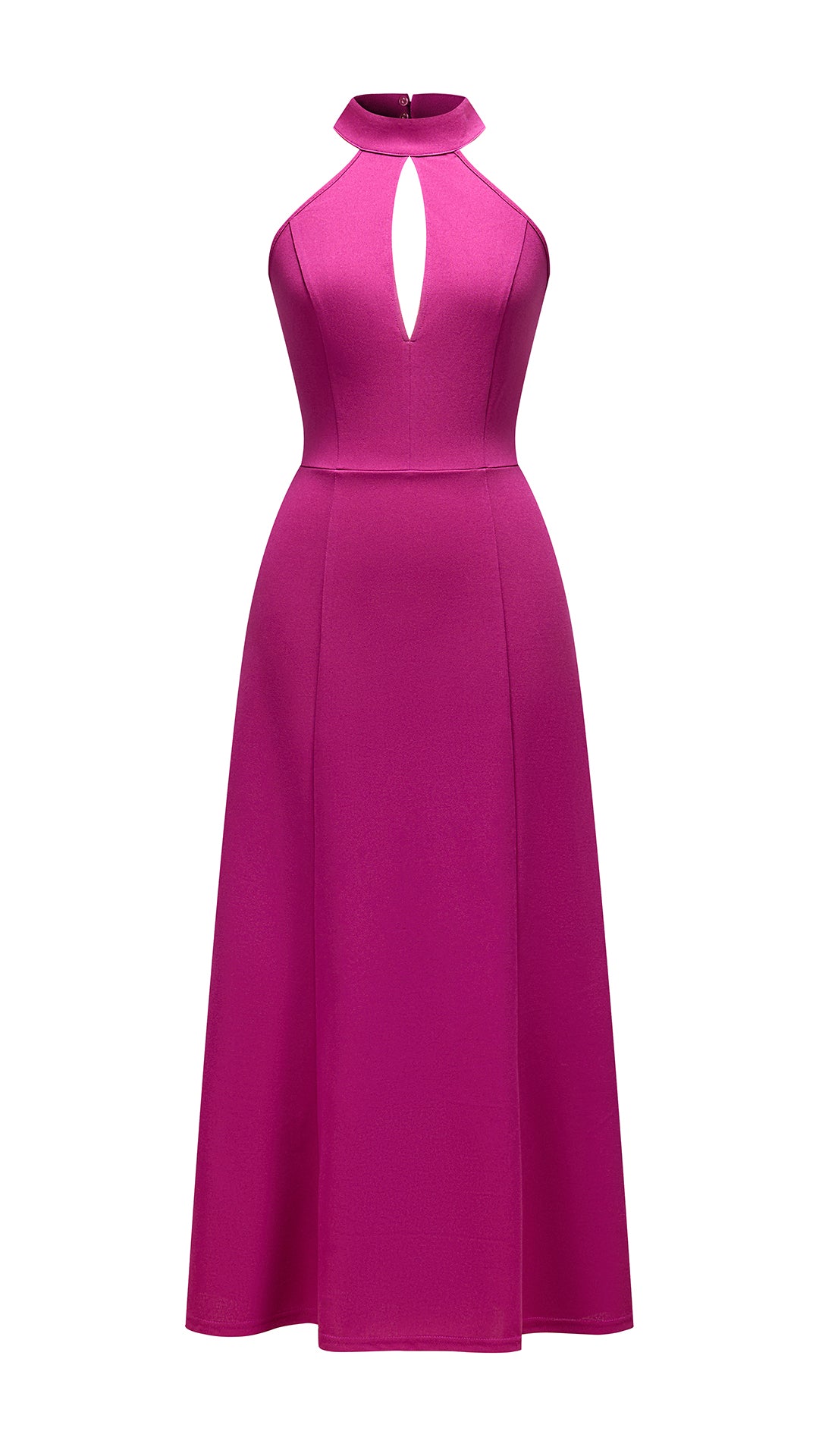 Abito da donna elegante con scollo alto e apertura frontale, abito lungo da sera senza maniche con gonna ampia, vestito formale per feste e cerimonie