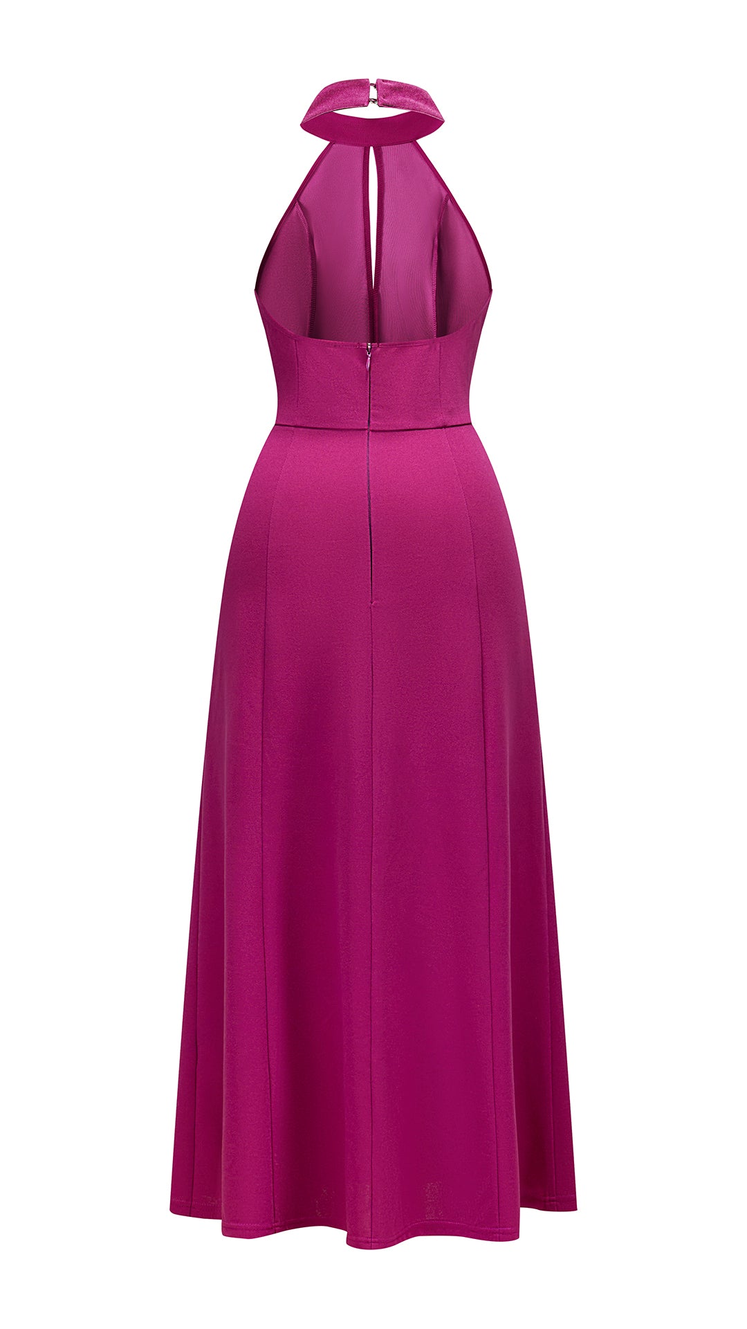 Abito da donna elegante con scollo alto e apertura frontale, abito lungo da sera senza maniche con gonna ampia, vestito formale per feste e cerimonie