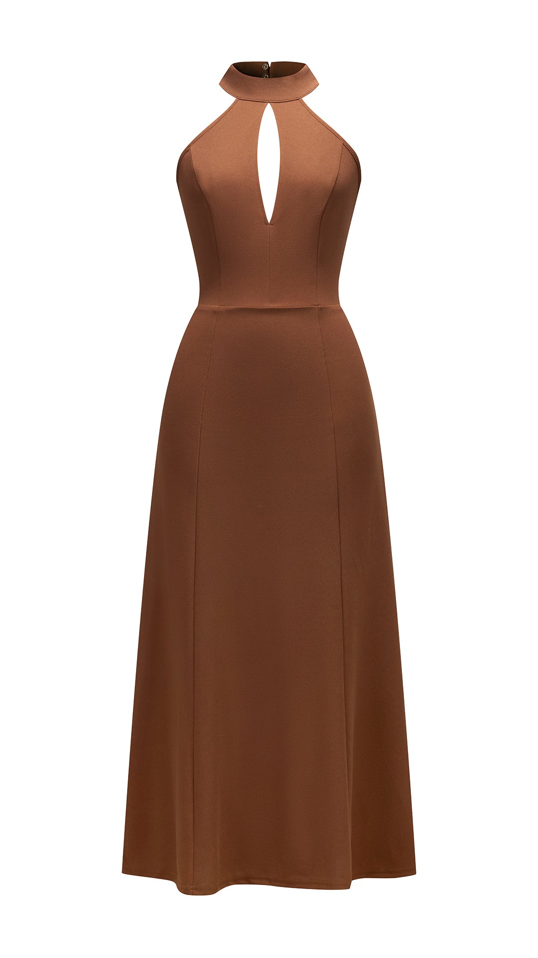 Abito da donna elegante con scollo alto e apertura frontale, abito lungo da sera senza maniche con gonna ampia, vestito formale per feste e cerimonie