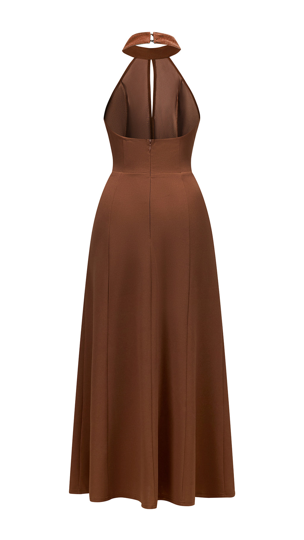 Abito da donna elegante con scollo alto e apertura frontale, abito lungo da sera senza maniche con gonna ampia, vestito formale per feste e cerimonie