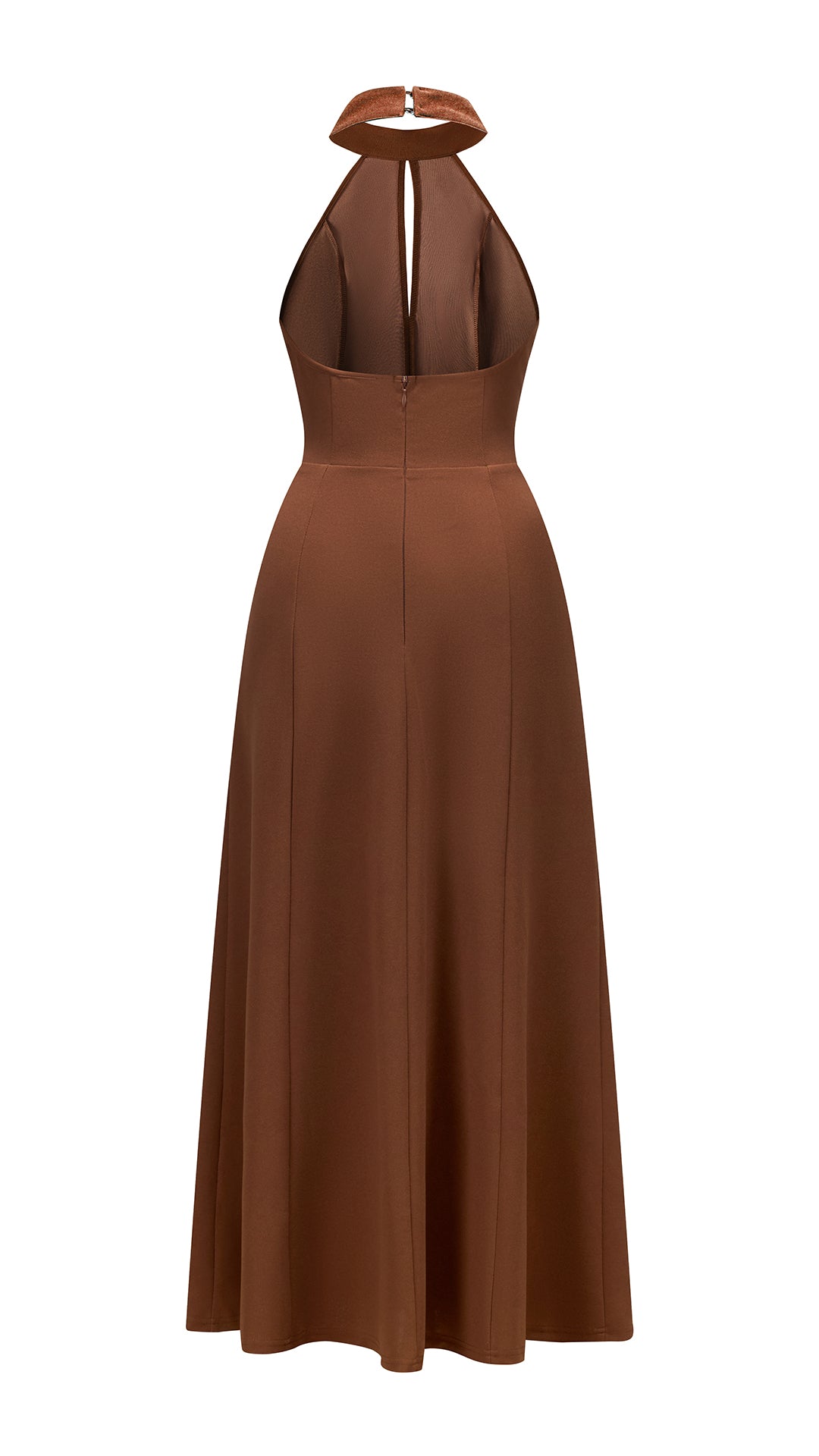 Abito da donna elegante con scollo alto e apertura frontale, abito lungo da sera senza maniche con gonna ampia, vestito formale per feste e cerimonie