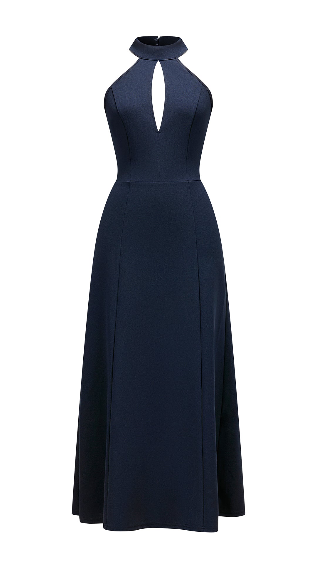 Abito da donna elegante con scollo alto e apertura frontale, abito lungo da sera senza maniche con gonna ampia, vestito formale per feste e cerimonie