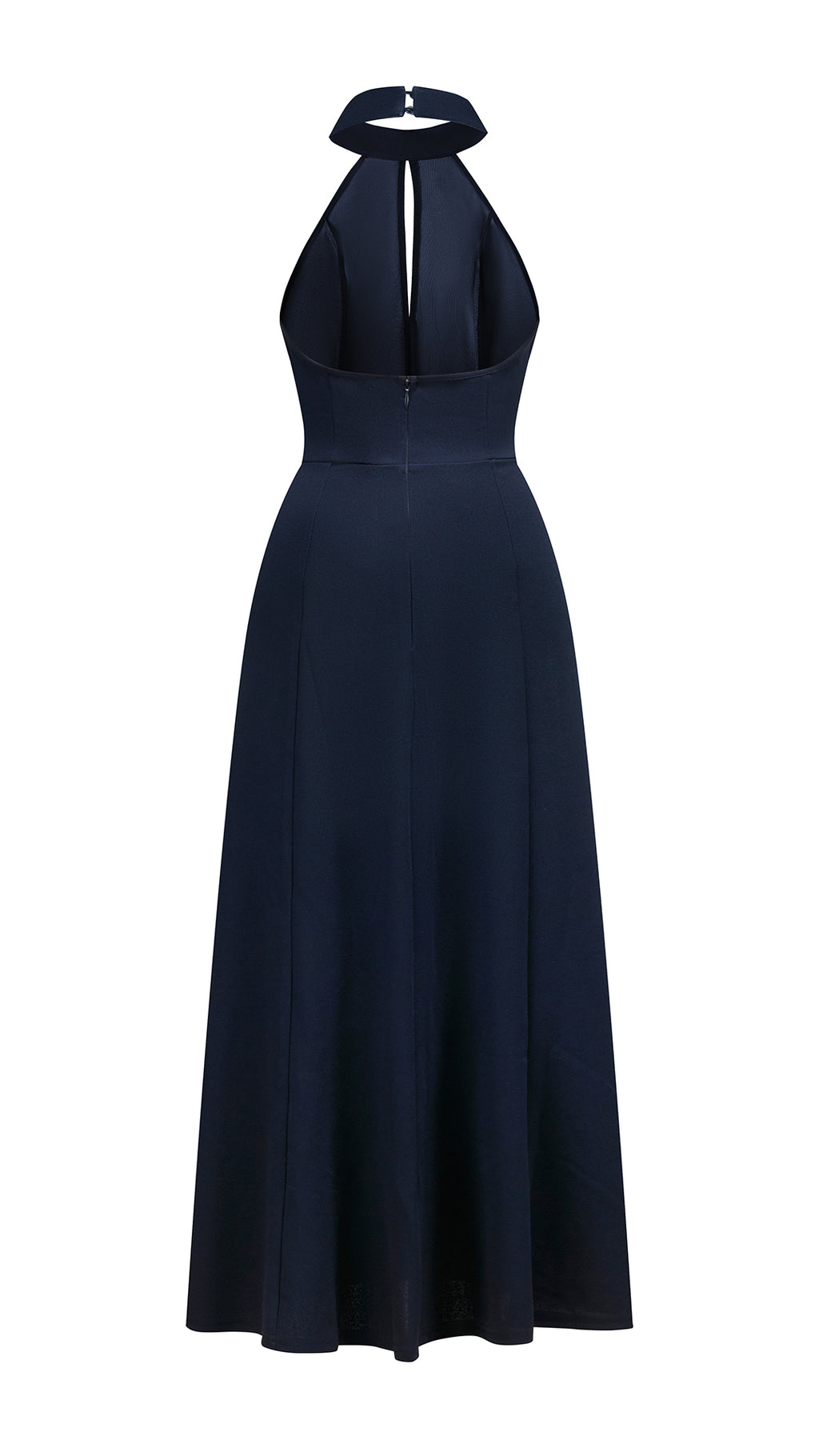 Abito da donna elegante con scollo alto e apertura frontale, abito lungo da sera senza maniche con gonna ampia, vestito formale per feste e cerimonie