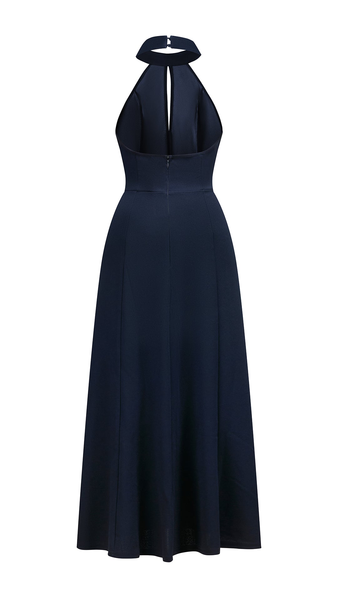 Abito da donna elegante con scollo alto e apertura frontale, abito lungo da sera senza maniche con gonna ampia, vestito formale per feste e cerimonie