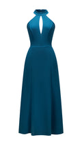 Abito da donna elegante con scollo alto e apertura frontale, abito lungo da sera senza maniche con gonna ampia, vestito formale per feste e cerimonie
