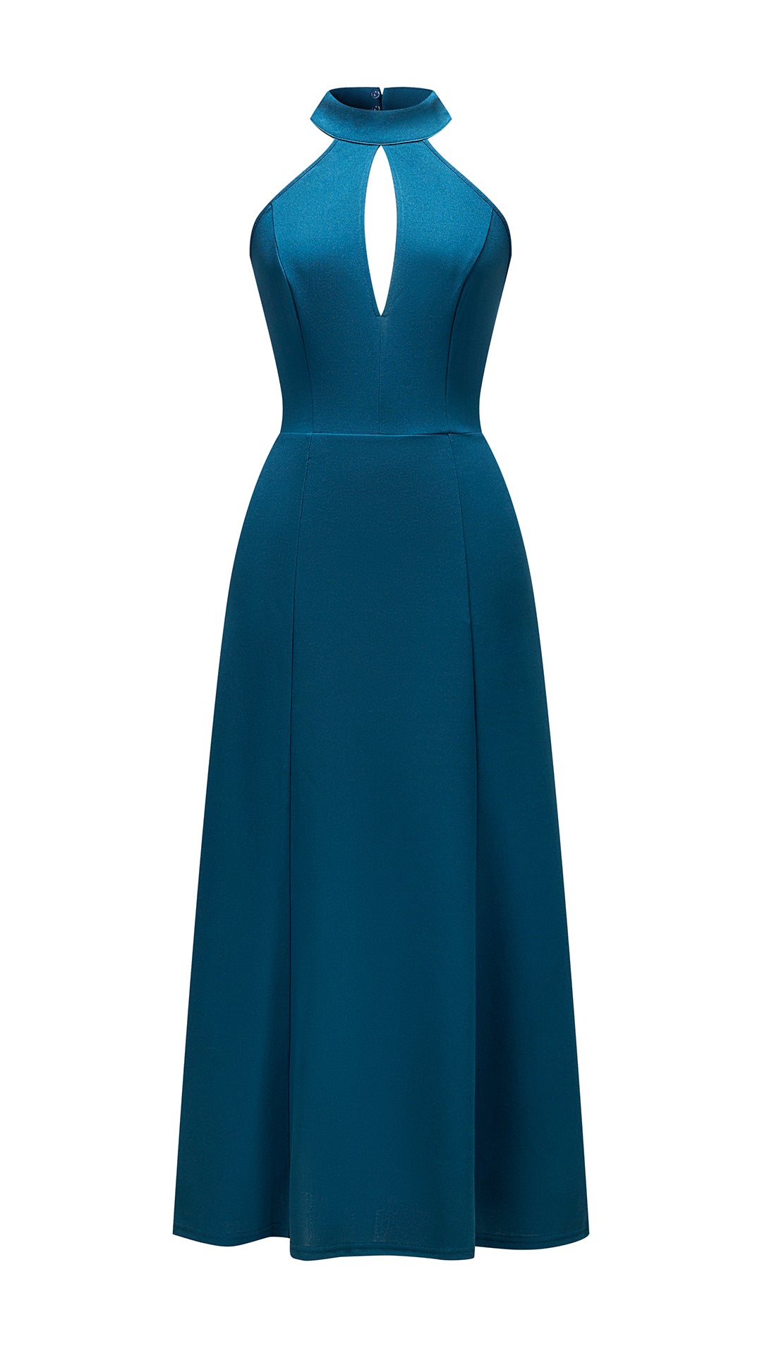 Abito da donna elegante con scollo alto e apertura frontale, abito lungo da sera senza maniche con gonna ampia, vestito formale per feste e cerimonie