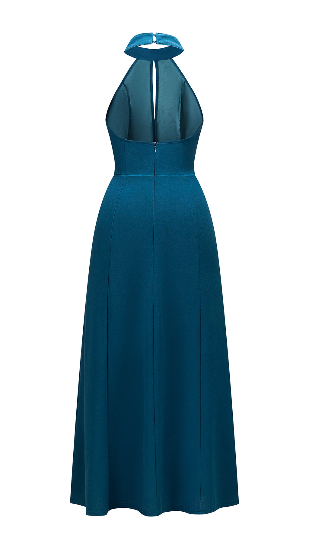 Abito da donna elegante con scollo alto e apertura frontale, abito lungo da sera senza maniche con gonna ampia, vestito formale per feste e cerimonie