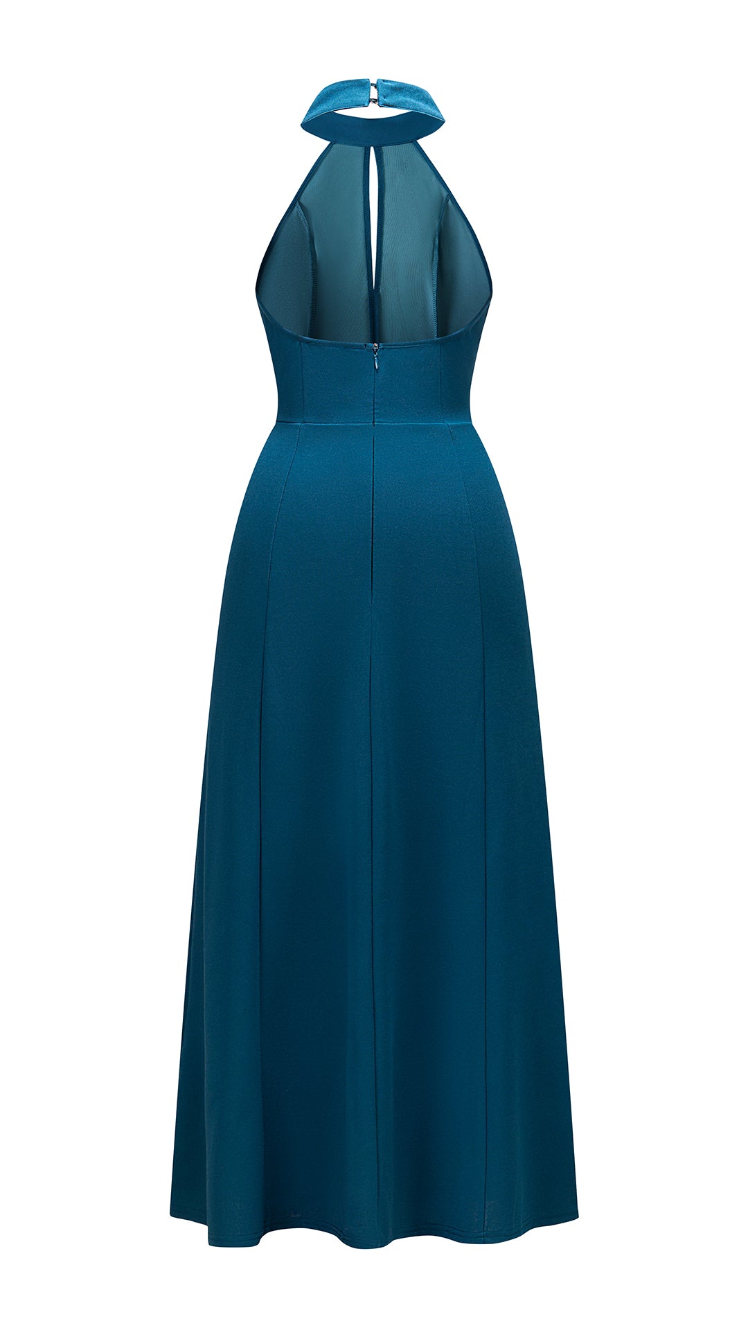 Abito da donna elegante con scollo alto e apertura frontale, abito lungo da sera senza maniche con gonna ampia, vestito formale per feste e cerimonie