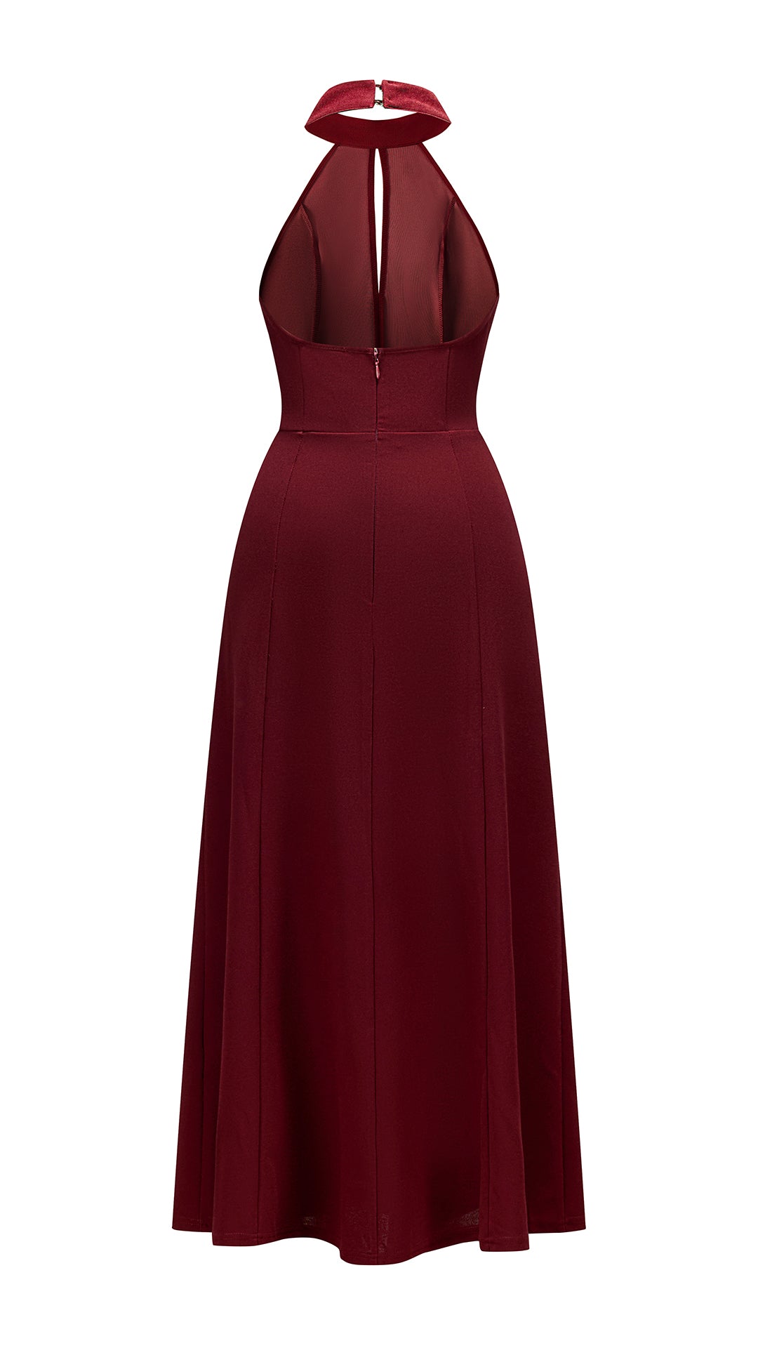 Abito da donna elegante con scollo alto e apertura frontale, abito lungo da sera senza maniche con gonna ampia, vestito formale per feste e cerimonie