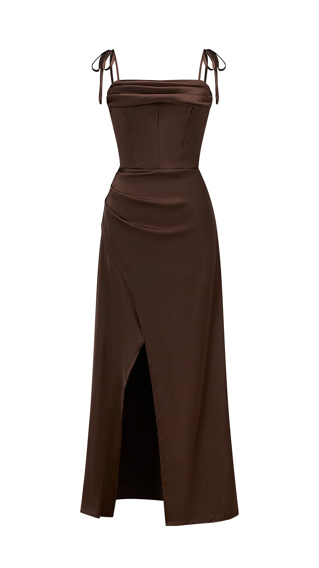Abito Midi Donna in Raso con Spalline a Nodo, Abito aderente con Spacco Laterale, Stile Elegante per Cerimonie e Serate