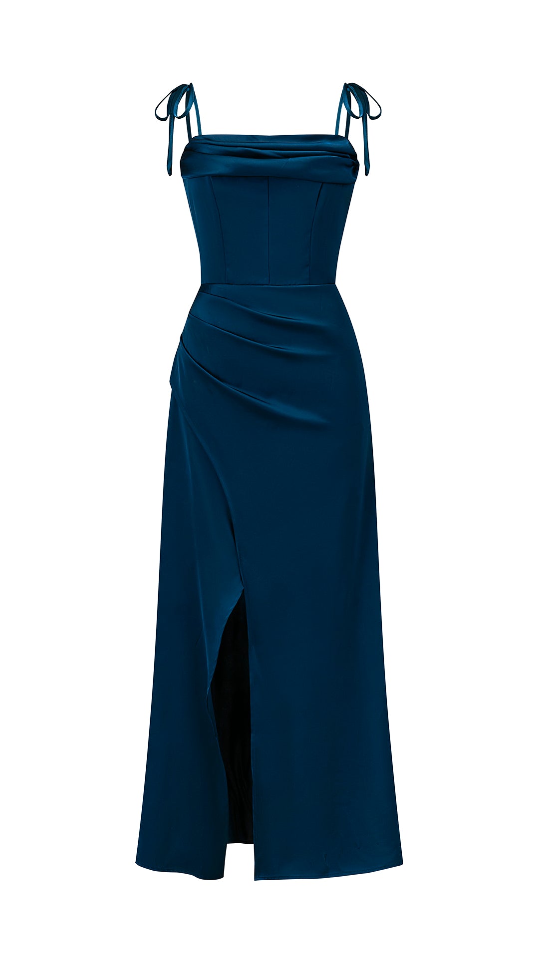 Abito Midi Donna in Raso con Spalline a Nodo, Abito aderente con Spacco Laterale, Stile Elegante per Cerimonie e Serate