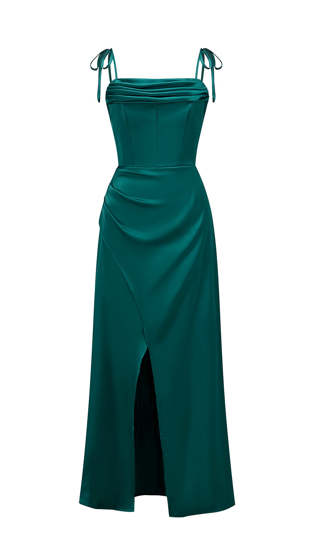 Abito Midi Donna in Raso con Spalline a Nodo, Abito aderente con Spacco Laterale, Stile Elegante per Cerimonie e Serate