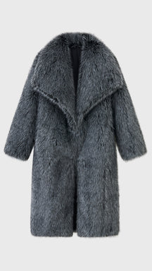 Cappotto lungo donna in pelliccia sintetica, ampio collo a bavero aperto