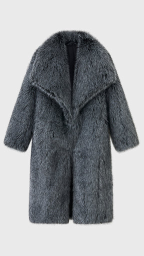 Cappotto lungo donna in pelliccia sintetica, ampio collo a bavero aperto