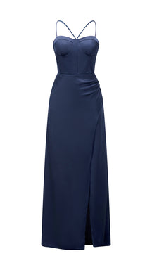 Abito lungo raso donna spalline incrociate, corpetto stile corsetto, gonna con spacco laterale elegante
