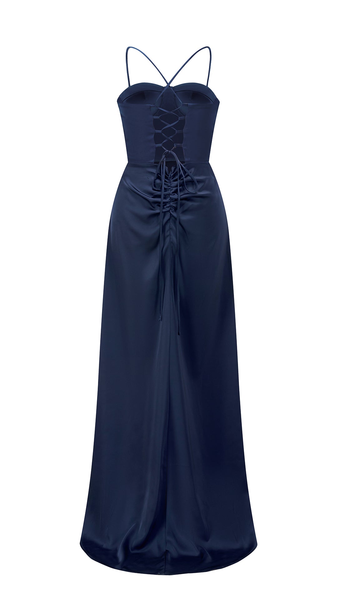 Abito lungo raso donna spalline incrociate, corpetto stile corsetto, gonna con spacco laterale elegante