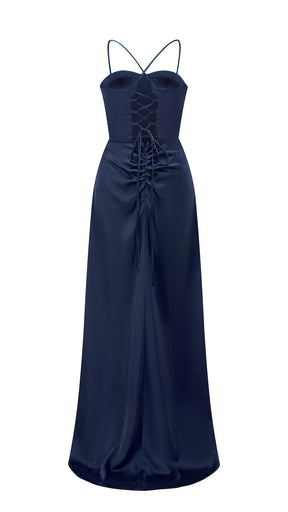 Abito lungo raso donna spalline incrociate, corpetto stile corsetto, gonna con spacco laterale elegante