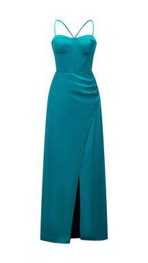 Abito lungo raso donna spalline incrociate, corpetto stile corsetto, gonna con spacco laterale elegante