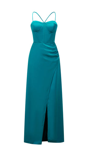 Abito lungo raso donna spalline incrociate, corpetto stile corsetto, gonna con spacco laterale elegante