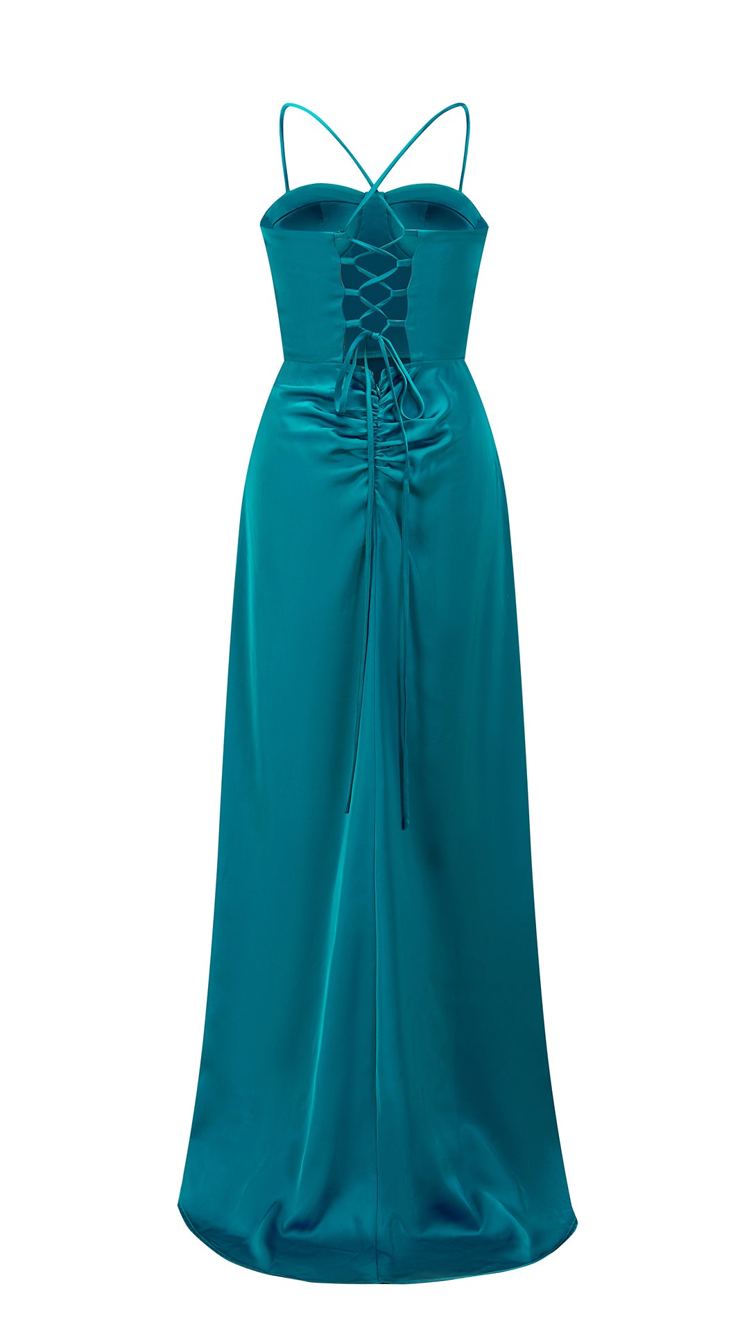 Abito lungo raso donna spalline incrociate, corpetto stile corsetto, gonna con spacco laterale elegante
