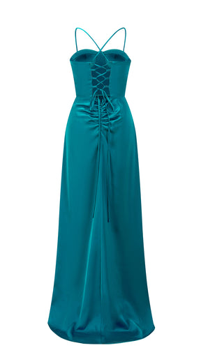 Abito lungo raso donna spalline incrociate, corpetto stile corsetto, gonna con spacco laterale elegante